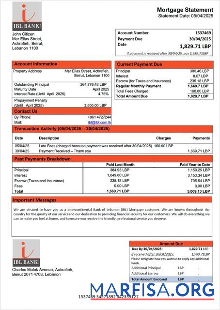 Blank Lebanon Intercontinental Bank of Lebanon (IBL) mortgage statement Word and PDF template